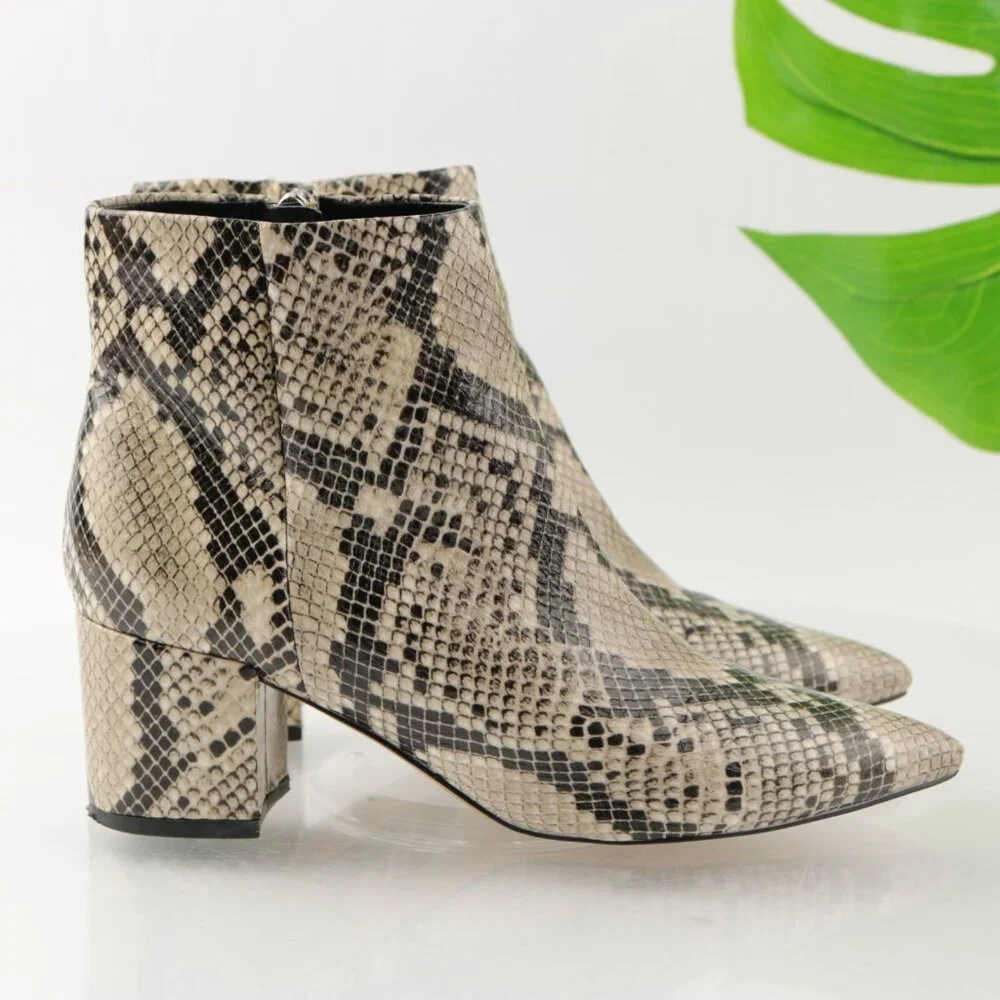 Marc Fisher Womens Jellys Boots Size 6.5 Gray Black Snakeskin Block Heel Pointed